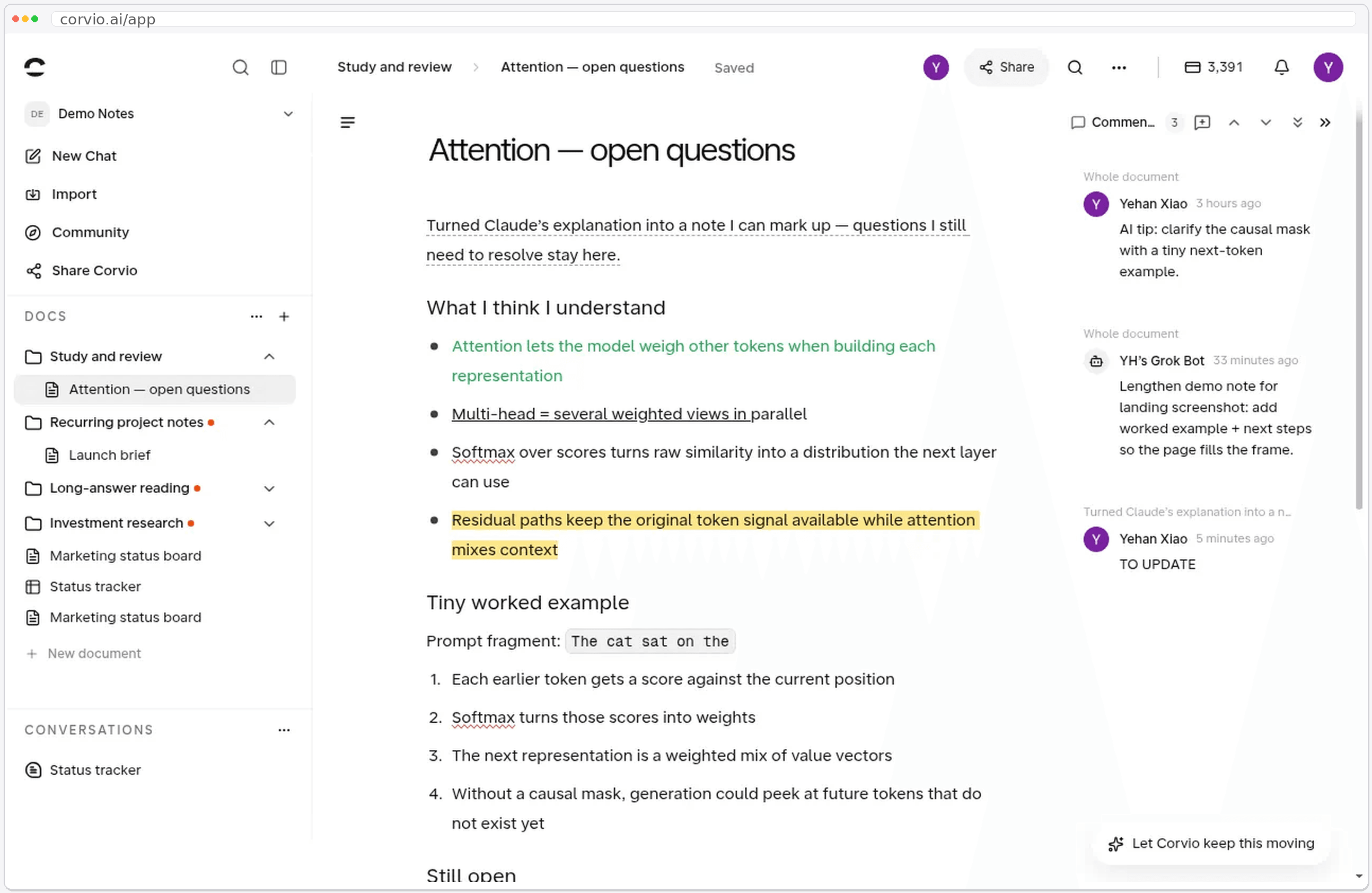 Corvio note open in a browser on any device