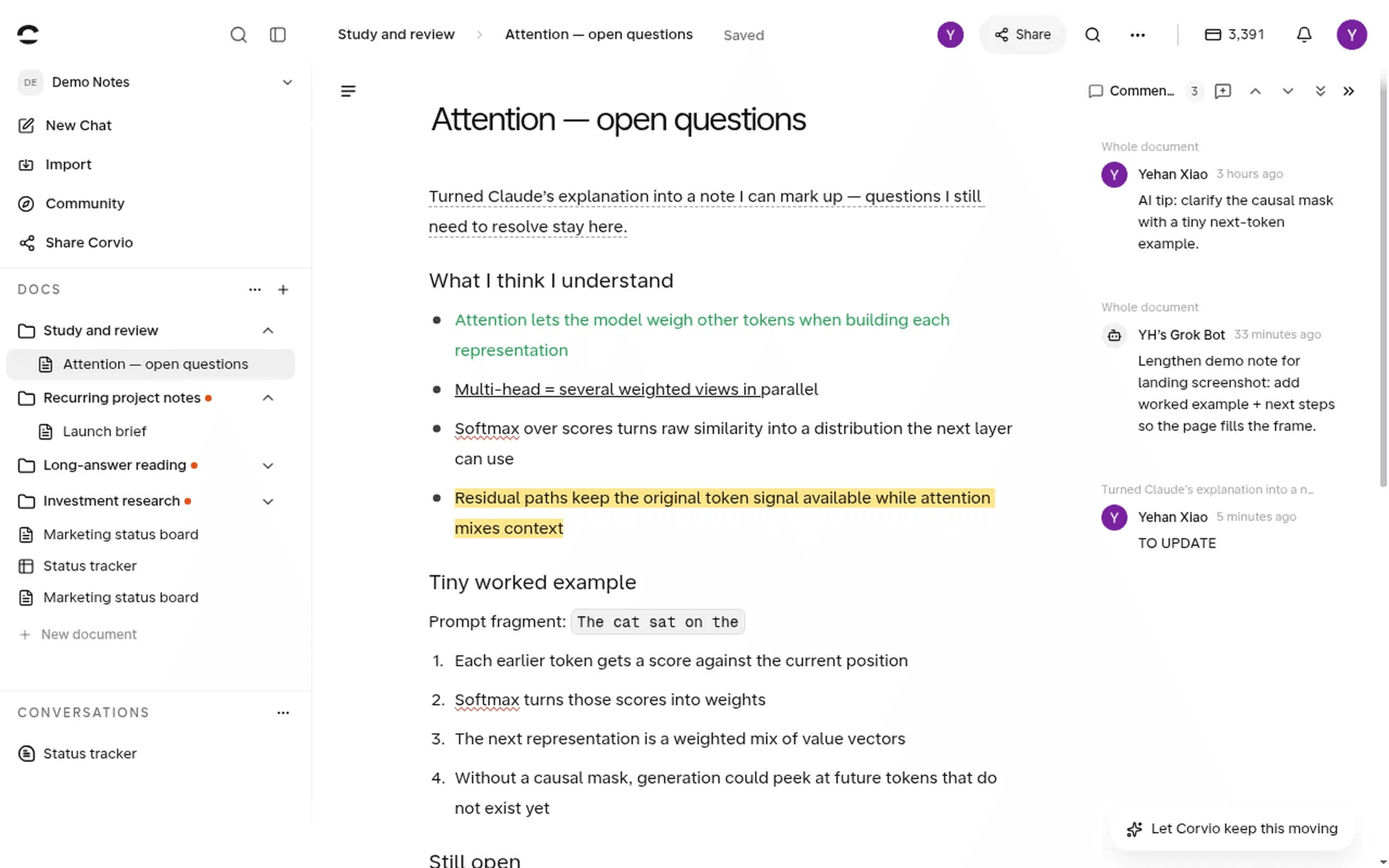 Corvio note with highlight and comments
