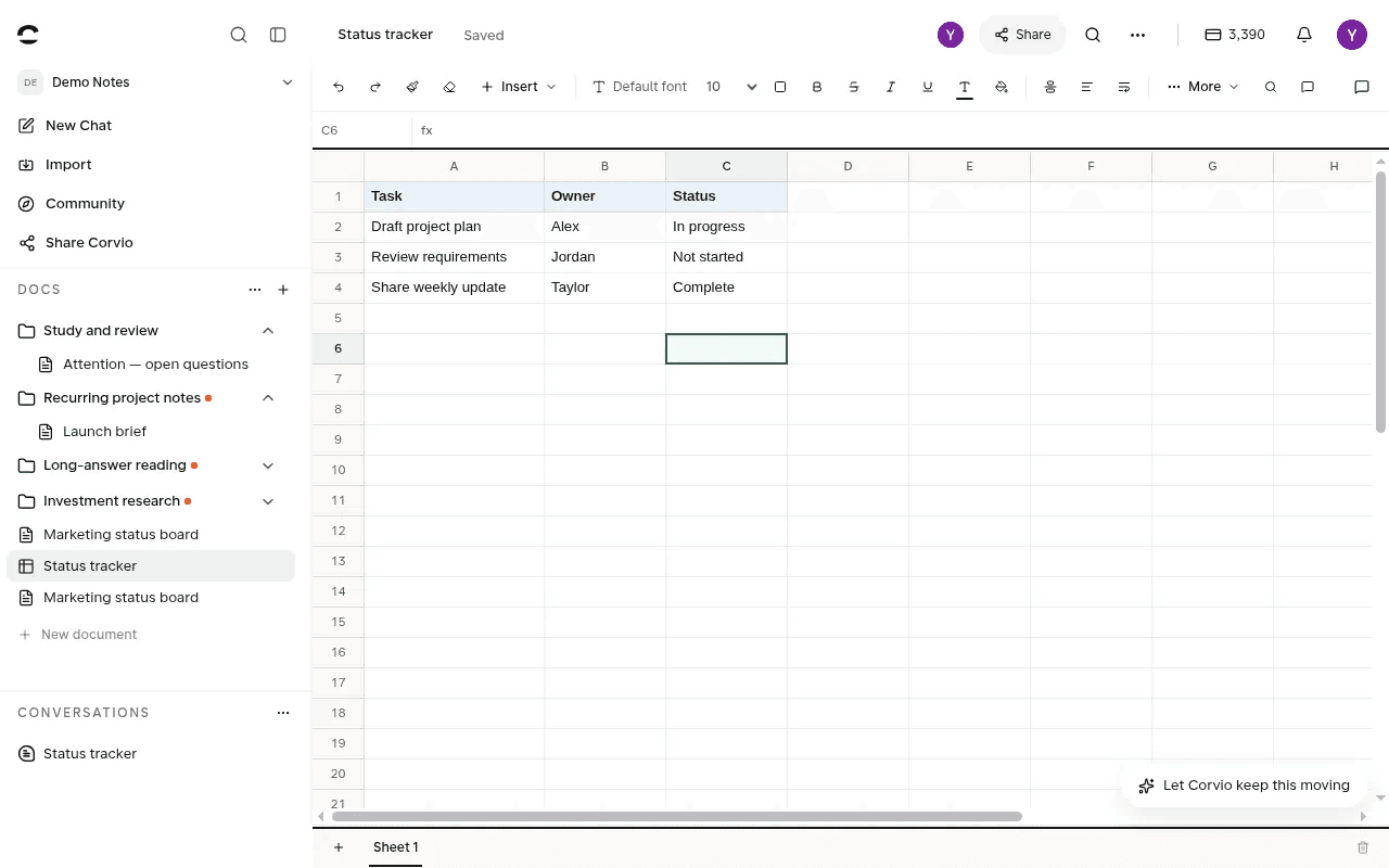 Corvio Status tracker spreadsheet with Task, Owner, and Status