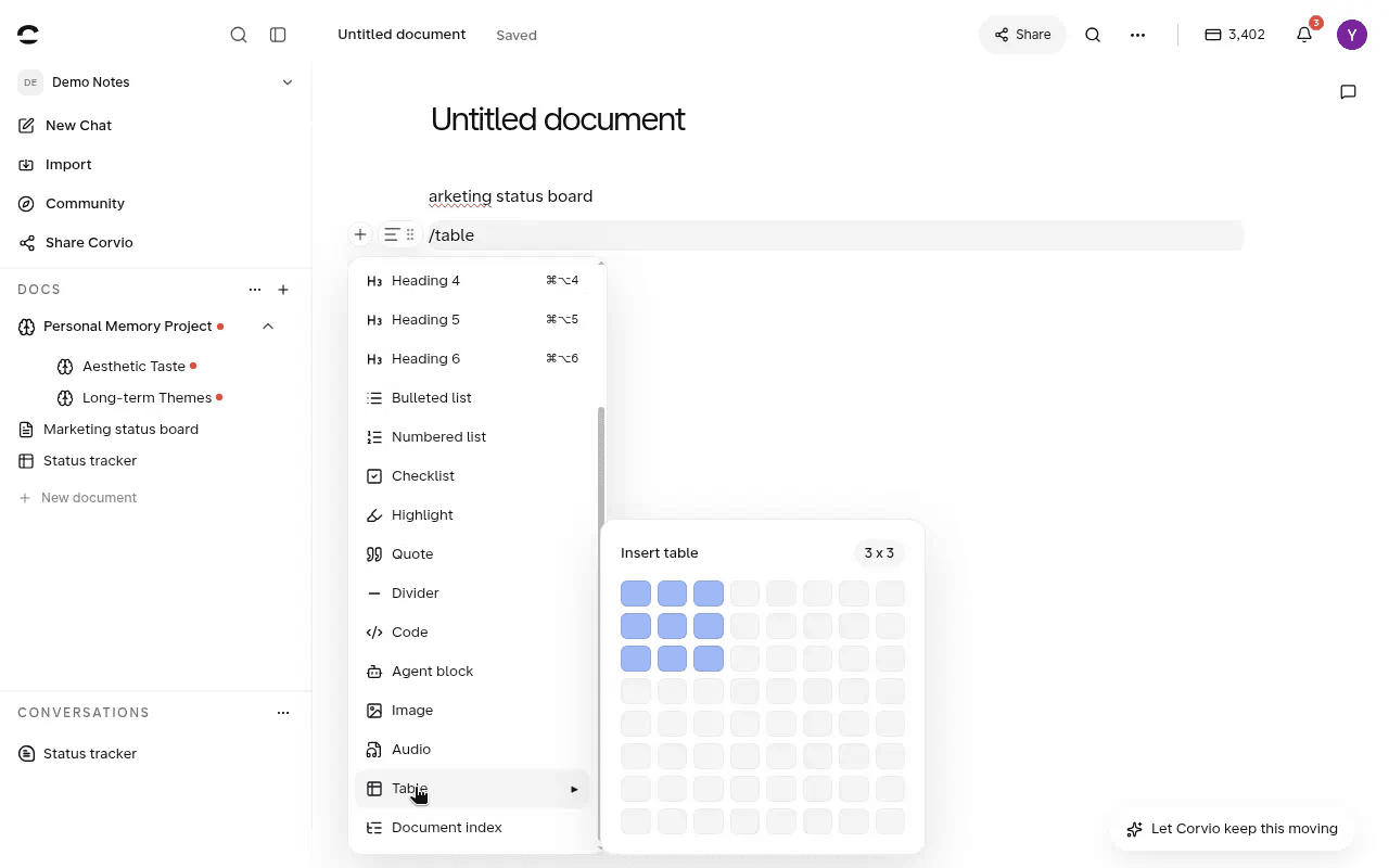 In a Corvio note, click + on any blank line and pick Table from the menu to insert one