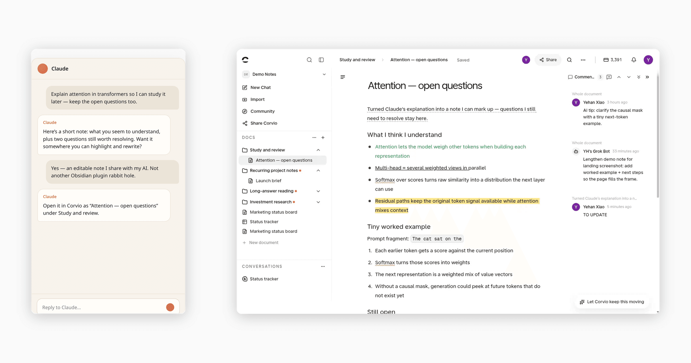 Left: AI chat with study help. Right: the same points in an editable Corvio note you can highlight and keep changing.