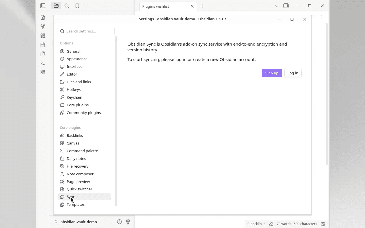 Obsidian Sync sign-in settings