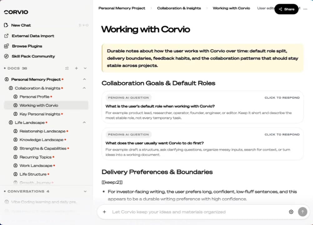 After: Corvio turns your document content and editing feedback into personal memory and project skills, capturing reusable patterns in how you work.