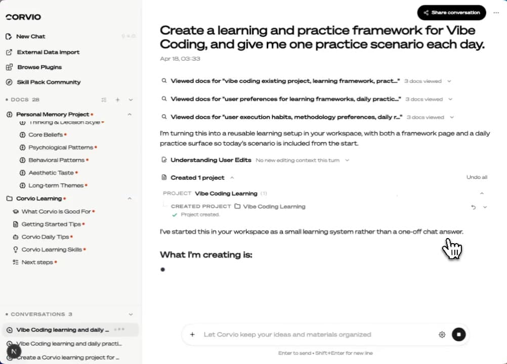 After: Corvio lets your agents work directly inside the doc system. Skills, tasks, results, and memory updates all happen in the same structure.