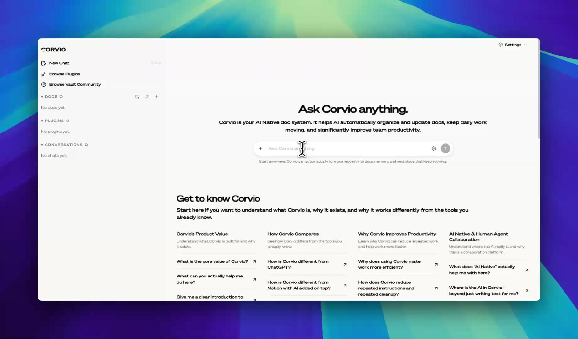 Corvio AI-native doc system hero demo